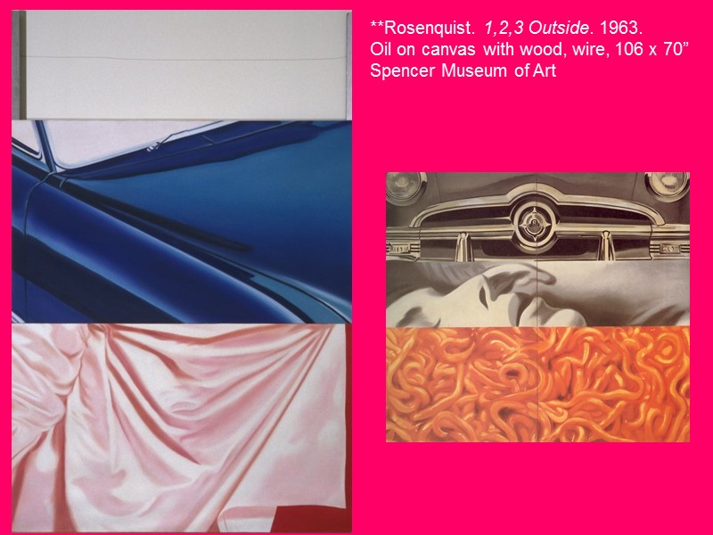 **Rosenquist. 1,2,3 Outside. 1963. Oil on canvas with wood, wire, 106 x 70” Spencer